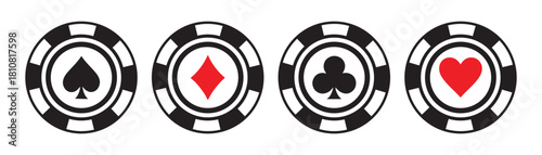 Poker chips color icons vector set. Playing poker concept. Isolated Casino poker chip logo. Poker symbols.