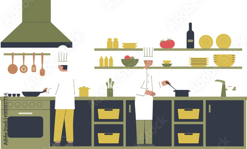 Flat minimalist illustration of professional chefs cooking in modern kitchen with stove, utensils, cabinets, shelves, fresh ingredients and restaurant workspace