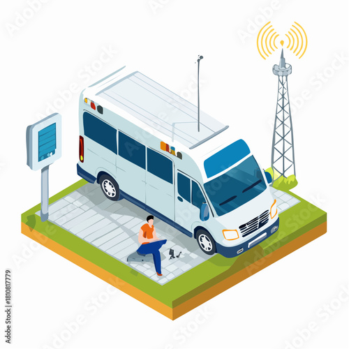 Isometric illustration of a white mobile medical unit parked near a cellular tower and a digital information kiosk, a person sitting on a bench