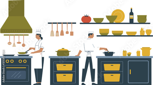 Flat minimalist illustration of professional chefs cooking in modern kitchen with stove, utensils, cabinets, shelves, fresh ingredients and restaurant workspace
