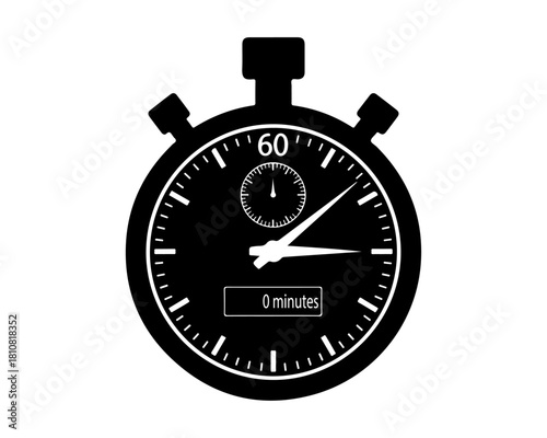 Sleek black and white stopwatch icon for precise time tracking, ideal for digital interfaces, time management applications, and performance measurement designs