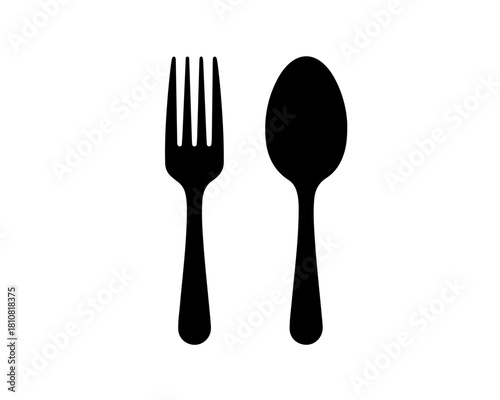 Classic dining utensils depicted as a clean black silhouette of a fork and spoon, symbolizing essential kitchenware, restaurant dining, and food service