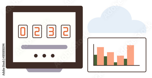 Digital counter display paired with a data analytics bar graph and cloud icon. Ideal for analytics, cloud storage, technology, data tracking, performance monitoring, business solutions, and progress