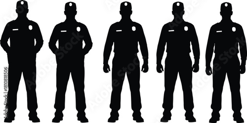 Security officer silhouette illustration set, uniformed personnel, black vector, law enforcement design, badge icon, professional pose artwork
