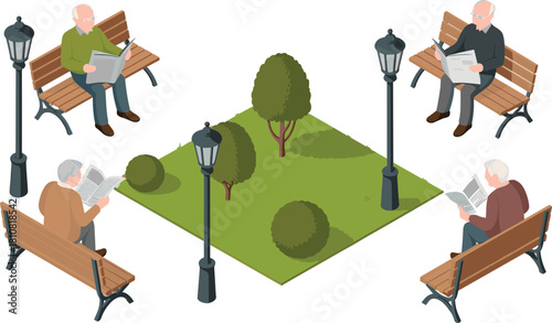 Isometric illustration of elderly people reading newspapers on park benches surrounded by trees, street lamps and peaceful outdoor relaxation environment
