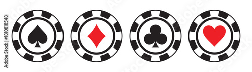 Poker chips black icons vector set. Isolated Casino poker chip logo. Poker symbols with spades, hearts, diamonds, clubs. Playing poker concept. Vector illustration.