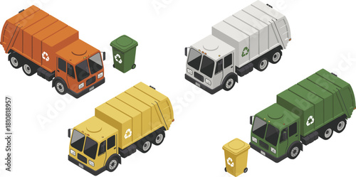 Isometric illustration set of garbage trucks with recycling bins in multiple colors, waste collection vehicles for sanitation, recycling and environmental management themes