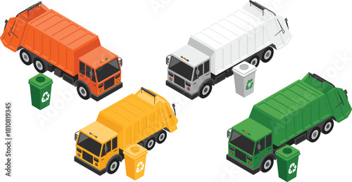 Isometric illustration set of garbage trucks with recycling bins in multiple colors, waste collection vehicles for sanitation, recycling and environmental management themes