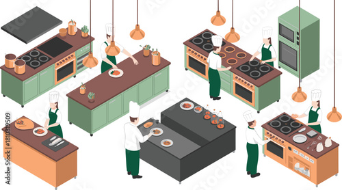 Isometric illustration of chefs preparing dishes at multiple modern kitchen workstations with cookware, ingredients, stovetops, appliances and professional culinary setup