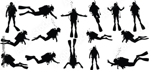 Scuba diver silhouette illustration set, underwater poses, black vector, diving gear, aquatic movement, ocean activity, marine artwork
