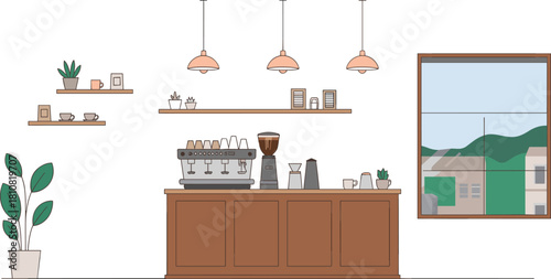 Minimalist modern coffee shop interior illustration with espresso machine, hanging lights, wooden counter, plants, window view and cozy café decorative elements