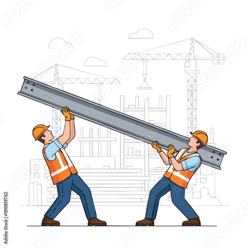 Two diligent construction workers collaborate to safely transport a heavy steel I-beam across an active building site, demonstrating teamwork and industrial labor.