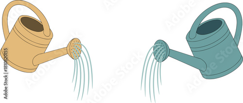 Simple illustration of two watering cans pouring water, garden tool graphic for plant care, irrigation concept, outdoor gardening equipment design isolated