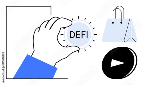 Hand grasping DeFi token, adjacent to shopping bag and play button. Ideal for finance, blockchain, e-commerce, technology, innovation, cryptocurrency digital transformation. Simple flat metaphor