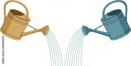 Simple illustration of two watering cans pouring water, garden tool graphic for plant care, irrigation concept, outdoor gardening equipment design isolated