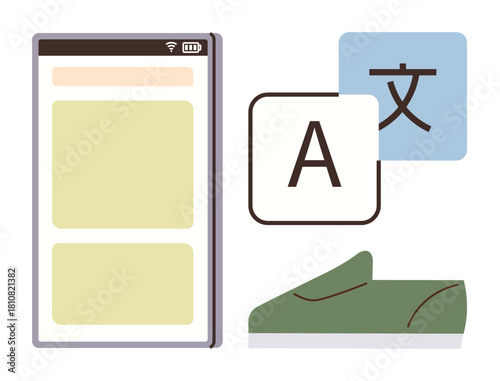 Mobile device screen beside translation icons and script block, representing multilingual tools. Ideal for technology, app development, communication, education, accessibility, travel, innovation