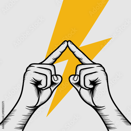 Two hands positioned in a gesture that signifies lightning, represent empowerment and energy, conveying a powerful message of creativity and determination in a striking way.