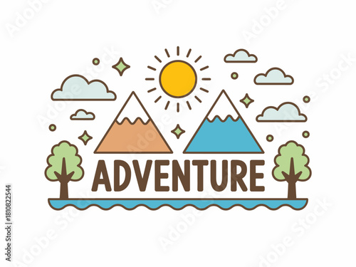 A playful illustration embodying the spirit of adventure, featuring mountains, sun, and trees, encapsulating the essence of exploration and outdoor fun for all ages.