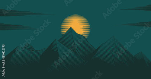 A striking graphic of a mountain range at sunset, featuring sharp lines and a glowing sun, symbolizing tranquility and nature's majestic beauty. Excellent for outdoor enthusiasts and nature lovers.
