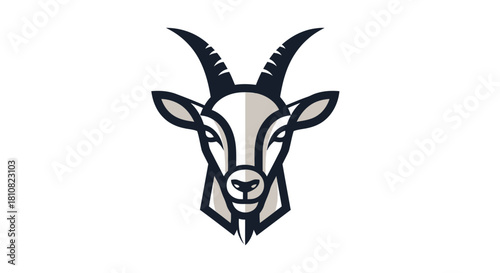 Stylized goat head with horns, in shades of gray and white, on a white background.