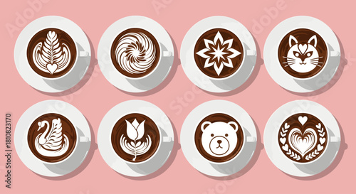 A charming set of eight top-down coffee illustrations features intricate latte art, including swans, cats, bears, and floral swirls, served in white cups against a soft pink background