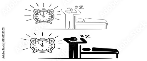 Waking Up with Alarm Clock Icon Set, Black Solid Silhouette and Outline Stroke Pictograms, Person Startled and Covering Ears in Bed, Morning Routine, Sleep Interruption, Early Start Symbol.