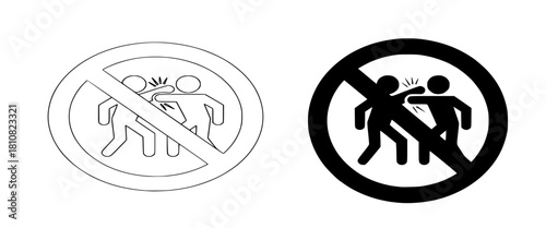 No Fighting Sign Icon Set, Prohibition Circle with Slash, Outline and Silhouette Pictograms, Violence Forbidden, Conflict Avoidance, Aggression Warning, Stop Bullying Public Safety Symbol.