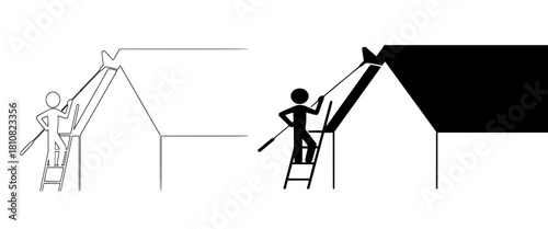 House Maintenance and Painting Icon Set, Black Solid Silhouette and Outline Stroke Pictograms, Person on a Ladder Painting a Roof, Home Improvement, Renovation Work, DIY Project, Construction Job.