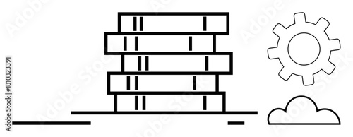 Vertical stack of servers beside a gear and cloud element. Ideal for technology, data management, networking, system optimization, server hosting, cloud computing, software development. Simple flat