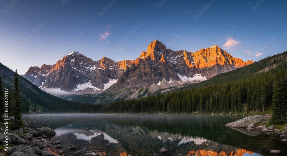 Obraz premium Majestic mountains reflected in a tranquil lake beneath the dawn's soft embrace