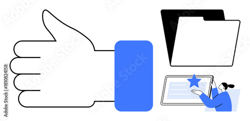 Thumbs up gesture, file folder icon, user interacting with a tablet displaying a starred document. Ideal for approval processes, organization, productivity, teamwork, digital communication, task