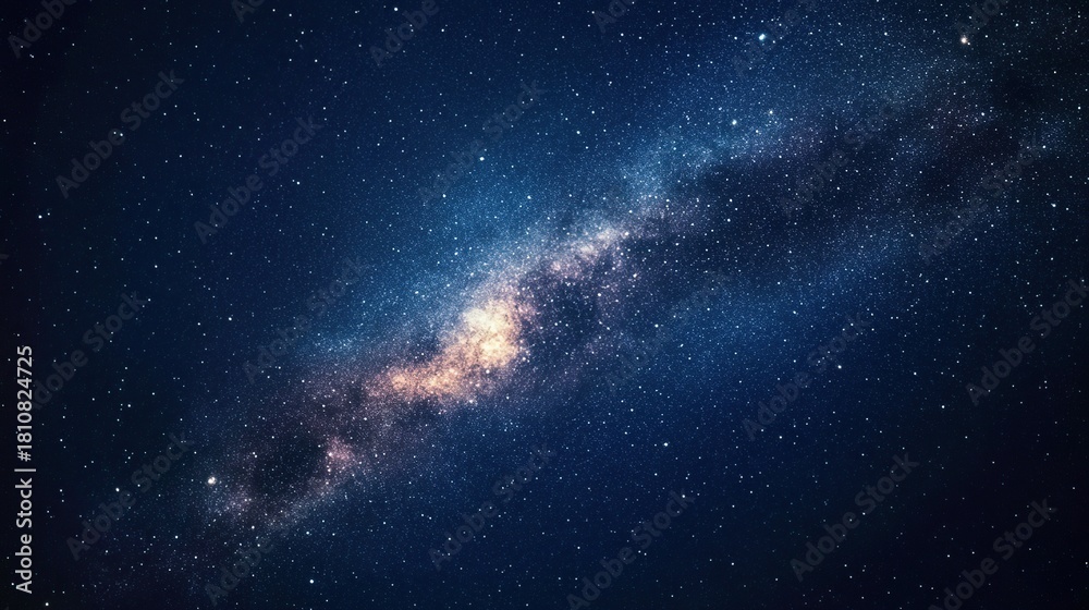 Fototapeta premium The Milky Way galaxy stretches across a dark blue night sky, filled with countless stars and a prominent spiral arm.