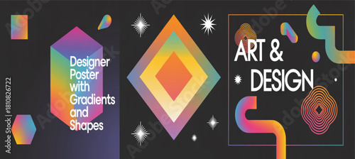 Vector graphic displaying three vibrant geometric compositions with colorful gradients and modern abstract shapes.