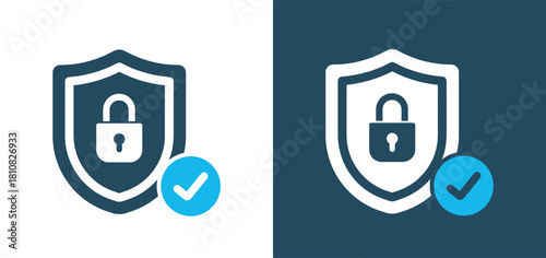 Two shield icons with a lock inside and a checkmark, representing security and verification.