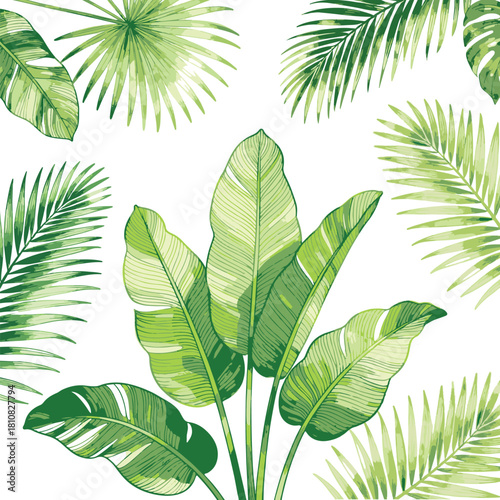 Watercolor painting green tropical leaves seamless pattern background