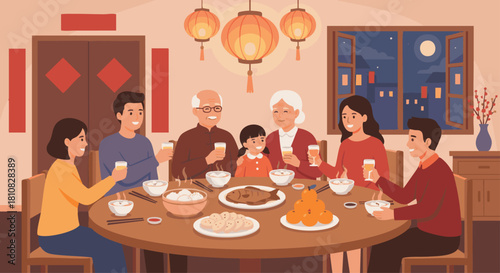 Family Reunion Dinner
Warm Lunar New Year family dinner table, dumplings, fish, rice cakes, oranges, cozy lighting, joyful Asian family celebrating together, welcoming festive mood. flat vector style