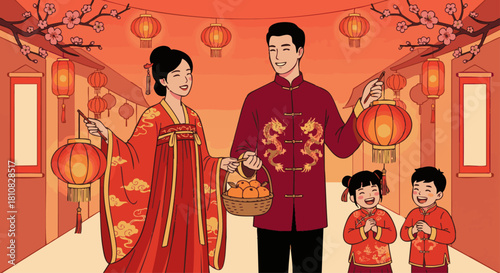 Traditional Chinese Clothing
Characters wearing festive hanfu or qipao, vibrant red fabrics, gold embroidery, holding lanterns or oranges, joyful New Year atmosphere, clean vector style.