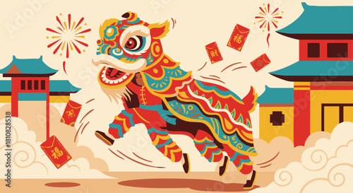 Prosperity Lion Dance
flat vector style, Illustration of a colorful lion dance performer jumping in mid-air, detailed textures, red envelopes flying around, traditional New Year energy and excitement.