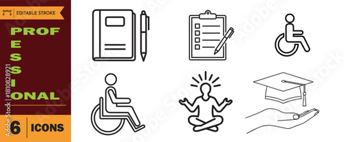 Set of six professional and accessibility line icons including notebook, clipboard, person in wheelchair, meditation, and graduation cap