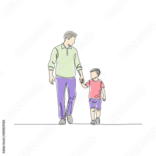 A single continuous line drawing illustration of a happy father and son walking hand-in-hand. The minimalist artwork uses flat, simple colors, perfect for themes of family bonding