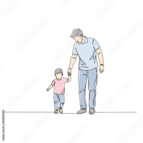 A single continuous line drawing illustration of a happy father and son walking hand-in-hand. The minimalist artwork uses flat, simple colors, perfect for themes of family bonding