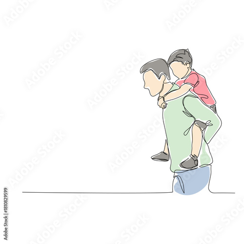A single continuous line drawing illustration of a happy father giving his young son a piggyback ride. The minimalist artwork uses flat, simple colors  perfect for themes of family bonding.