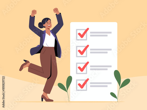 A joyful businesswoman in a suit is expressing elation with her arms raised next to a checklist demonstrating accomplishments and successful tasks completed with her energy.
