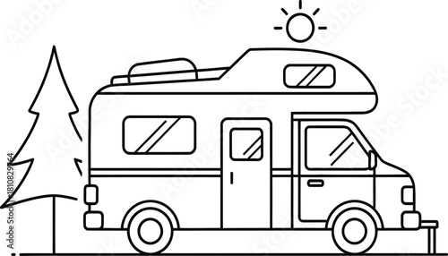 Line art illustration of a camper van or rv parked next to a pine tree under a bright sun, symbolizing outdoor adventure, travel, and the camping lifestyle