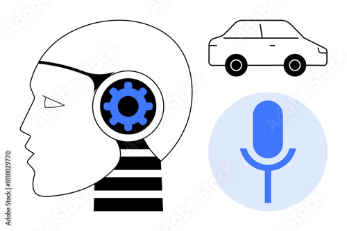 Human head with gear icon, car, and microphone illustrating artificial intelligence, voice recognition, innovation, self-driving technology, automation, future communication, and human-machine