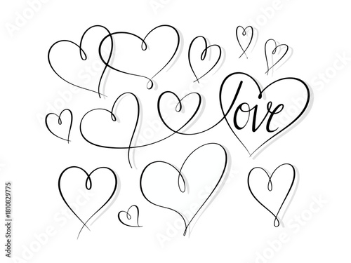 This image showcases a collection of hand-drawn heart designs, intertwining with the word 'love,' perfect for romantic themes and artistic expressions of affection.