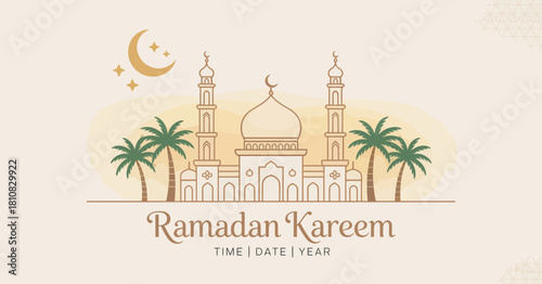 This image features a beautifully designed mosque with palm trees and stars, symbolizing the spirit of Ramadan Kareem, a month of reflection and community for Muslims worldwide.