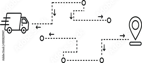 An intricate black and white outline illustration depicting a delivery truck, a destination map pin, and a complex dashed line route with arrows showing a detailed shipping or logistics path