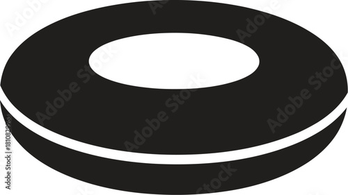A simple, minimalist black donut shape or thick ring with a hole in the center, depicted in a clean, graphic style