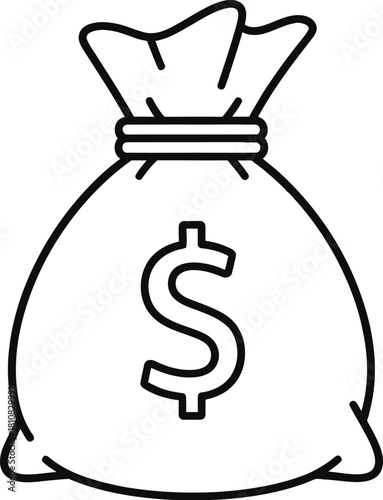 This is a line art illustration of a money bag with a dollar sign, representing wealth, finance, and savings, a